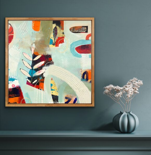 Abstract botanical painting on blue/grey wall