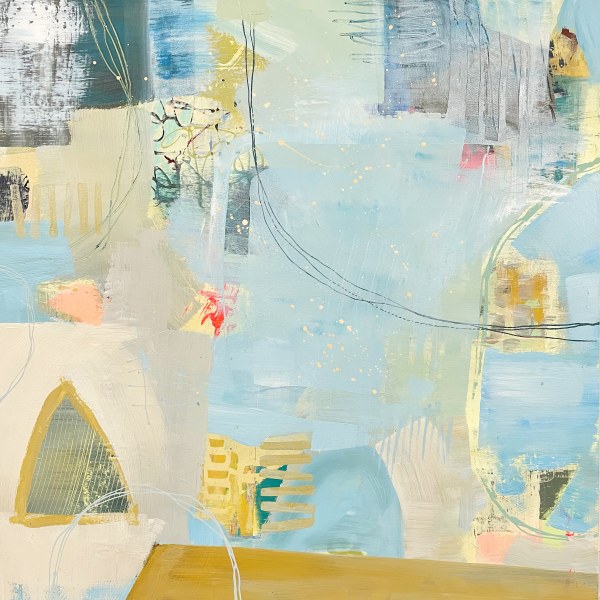 picture of and abstract painting in aqua and ochre shades