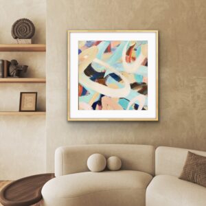 Twist & Shout abstract art print, framed and on a lounge wall