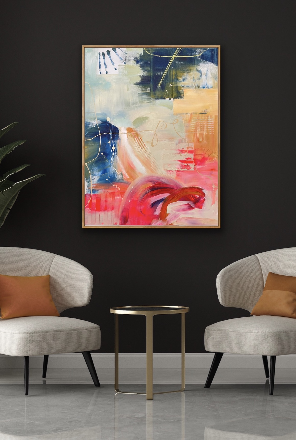 image of red, grey and navy abstract painting on a black wall