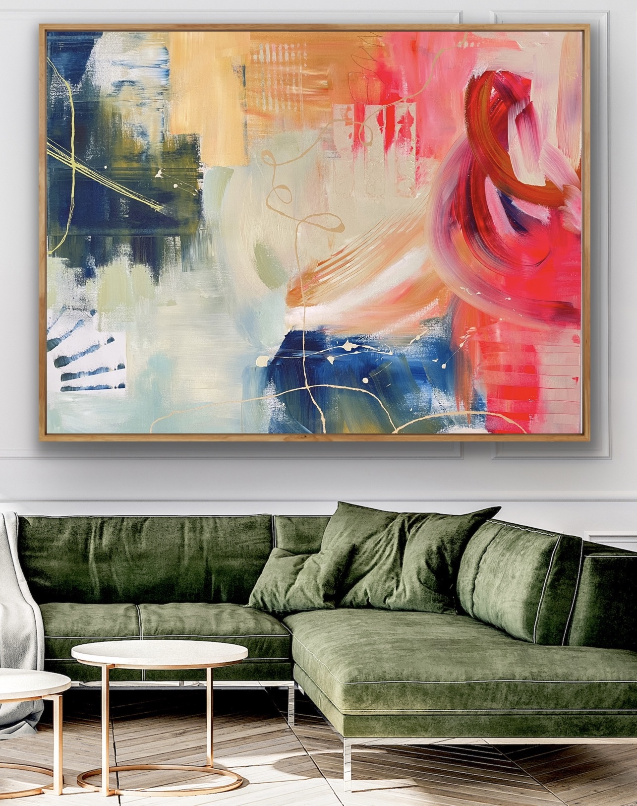 Red and indigo abstract art print in situ