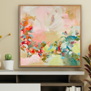 Image of green, red and peach abstract painting in situ
