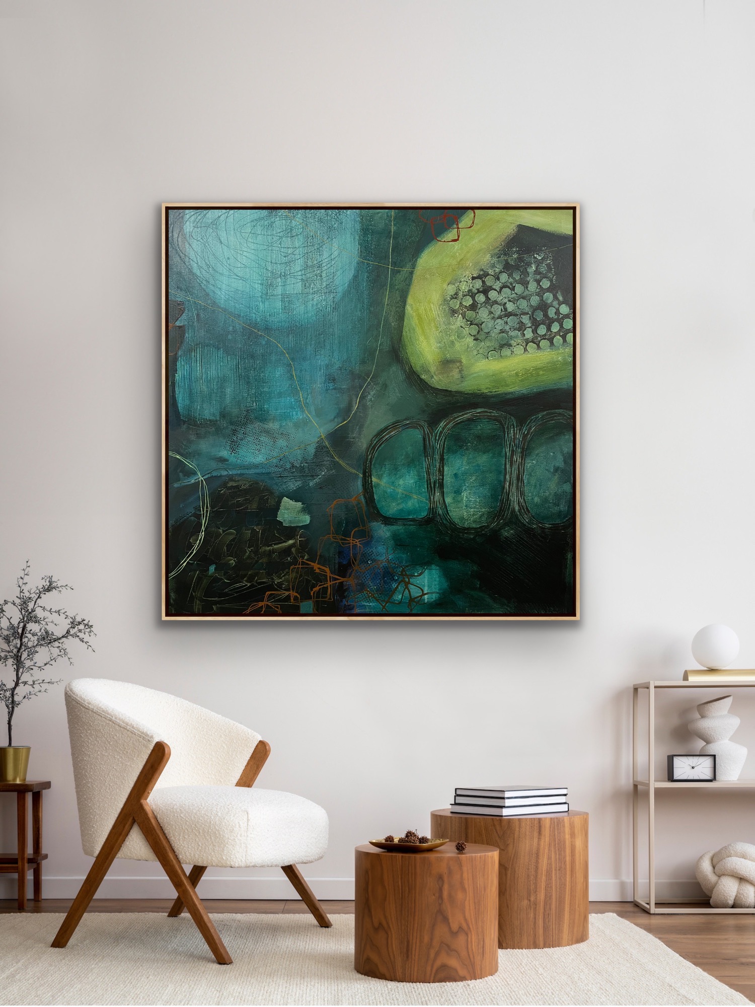 Image of 'Behind the Waterfall' a large dark green Canvas Art Print, in situ