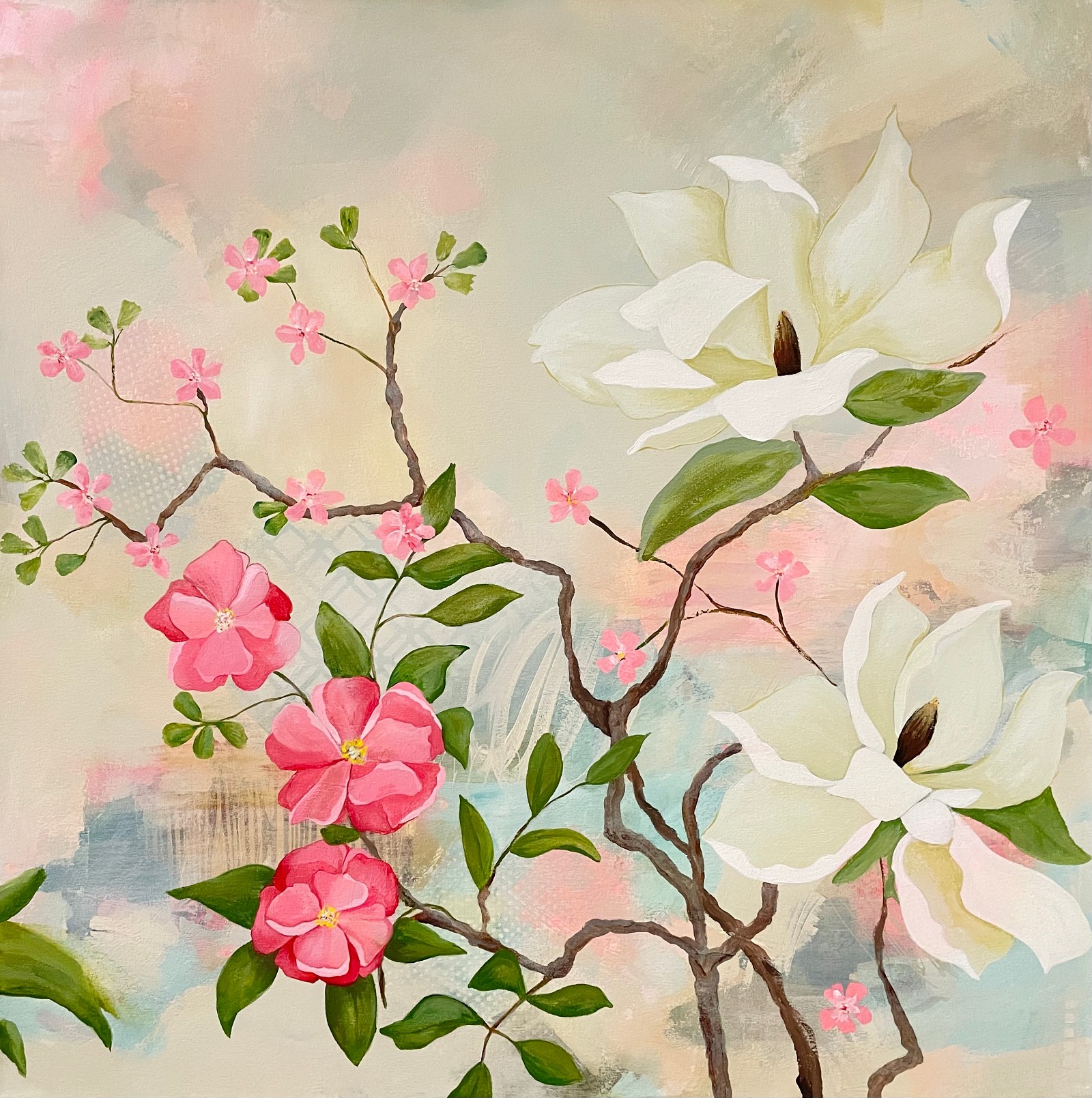Painting of white magnolias and pink dog roses anainst an abstract background