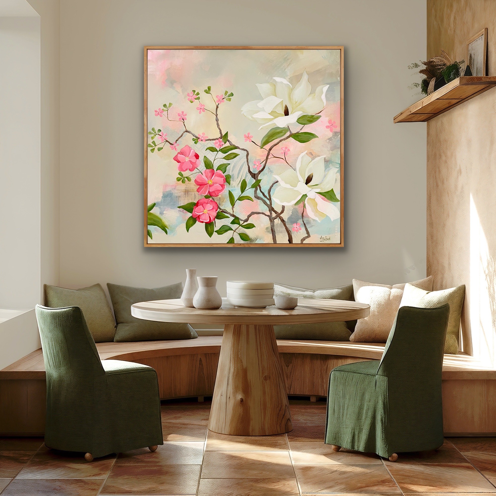 Maytime Magolias Painting shown in a room setting above a dining table